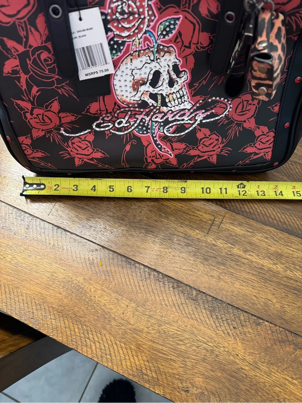 Ed Hardy Black & Red Skull Rose Satchel with Stud Accents